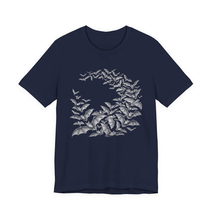 Gothic bat swarm graphic in a circular, mystical arrangement.