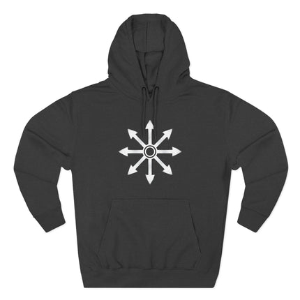Unisex black hoodie featuring the white eight-pointed chaos star occult symbol.