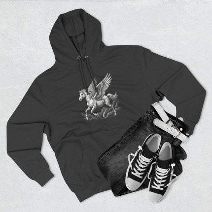 Mythological Pegasus winged horse illustration on a black pullover hoodie.