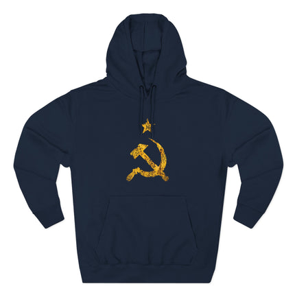 Distressed yellow hammer and sickle graphic on a navy blue communist hoodie.