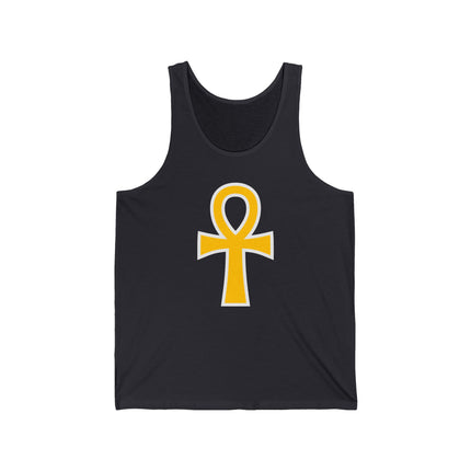 Gold Ankh symbol graphic on a black unisex tank top, representing the Egyptian Key of Life.