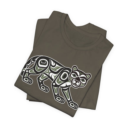Formline art cougar graphic tee with Pacific Northwest Indigenous wildlife design.