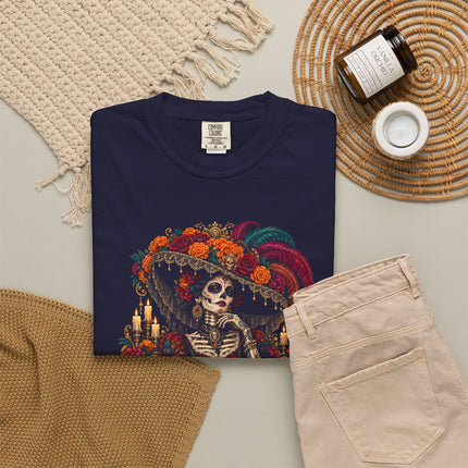 Día de los Muertos T-Shirt | Floral Skeleton Portrait and Candles