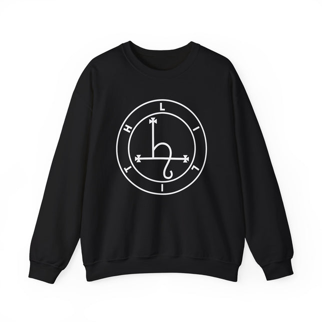 Black sweatshirt featuring a white occult sigil design. Symbolic Lilith graphic for witchy and spiritual apparel.