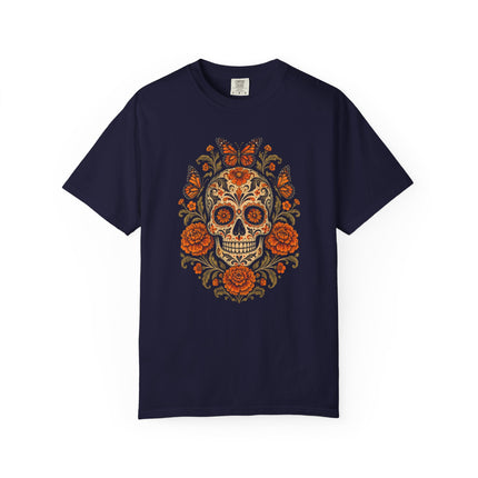 Skull with Butterflies T-Shirt | Orange Flowers and Calavera Art