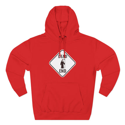 Red hoodie featuring a "Dead End" sign graphic with a Grim Reaper silhouette.