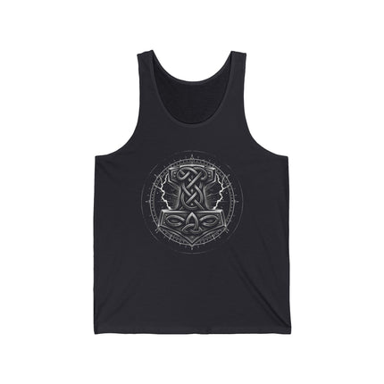 Norse knotwork tank top featuring Thor and Mjolnir Viking mythology design.