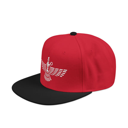 Red snapback hat with embroidered Faravahar symbol, representing Persian Zoroastrian culture.