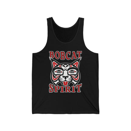 Red tribal bobcat face design on a black tank top, featuring Native American style art and "Bobcat Spirit.
