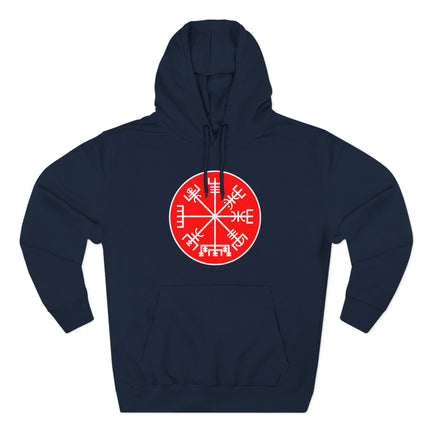 Norse Vegvisir rune compass graphic on a dark blue Viking hoodie.
