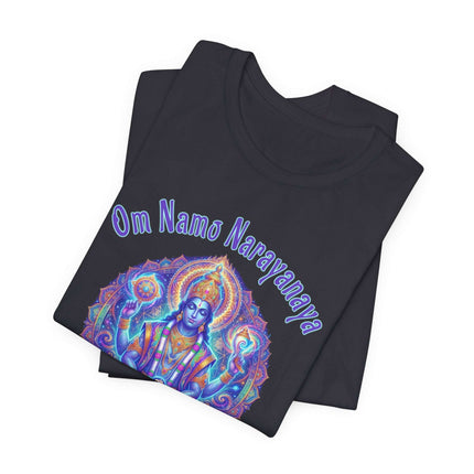 Vishnu spiritual art t-shirt with Om Namo Narayanaya mantra graphic.
