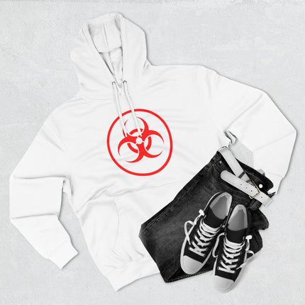 Unisex white hoodie featuring a striking red biohazard warning symbol graphic.