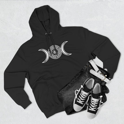 Hekate Triple Moon Goddess symbol on a black pullover hoodie. Pagan witchcraft apparel.