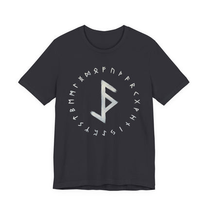 Norse rune t-shirt featuring the Bind Rune surrounded by the Elder Futhark alphabet.