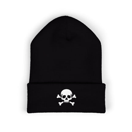 Skull and Crossbones Embroidered Cuffed Beanie with White Pirate Motif