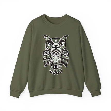 Indigenous Pacific Northwest owl formline art graphic on a unisex sweatshirt.