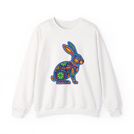 Colorful Huichol beaded rabbit graphic on white sweatshirt.