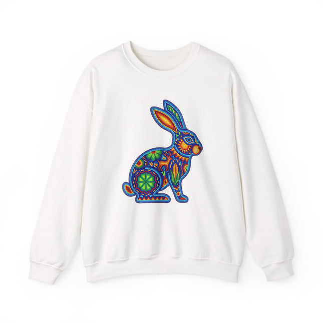 Colorful Huichol beaded rabbit graphic on white sweatshirt.