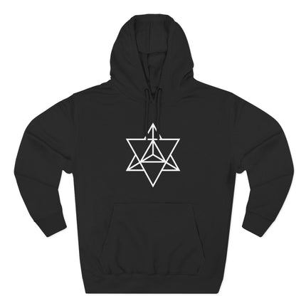 Merkaba sacred geometry hexagram symbol on a black unisex hoodie.