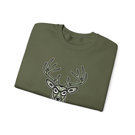 Tribal art sweatshirt featuring a red and black indigenous deer head graphic print pullover.
