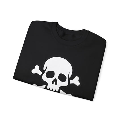 White skull and crossbones graphic on a black gothic sweatshirt.
