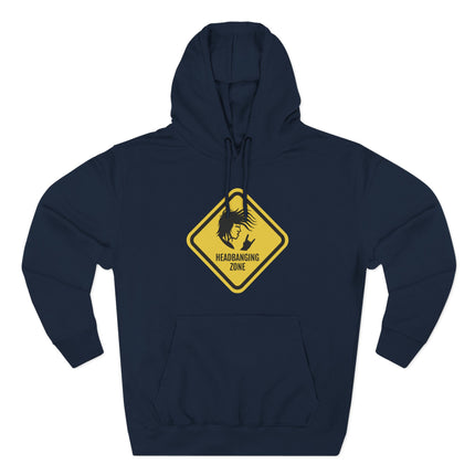 Headbanging Zone warning sign graphic on a dark blue rock music hoodie for metalhead fans.