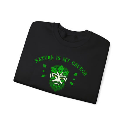 Green Man graphic with "Nature Is My Church" text, featuring pagan earth spirit art.