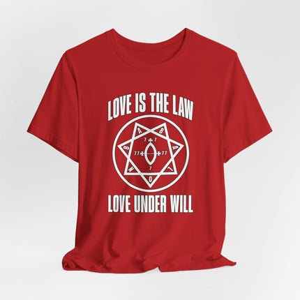 Red t-shirt with "Love Is The Law" and "Love Under Will" text, featuring the occult heptagram symbol.