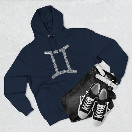 Tribal Gemini zodiac sign hoodie. Navy pullover featuring the ornate twin symbol and astrology design.
