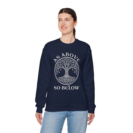 Navy sweatshirt featuring a Celtic Tree of Life graphic and "As Above So Below" text.