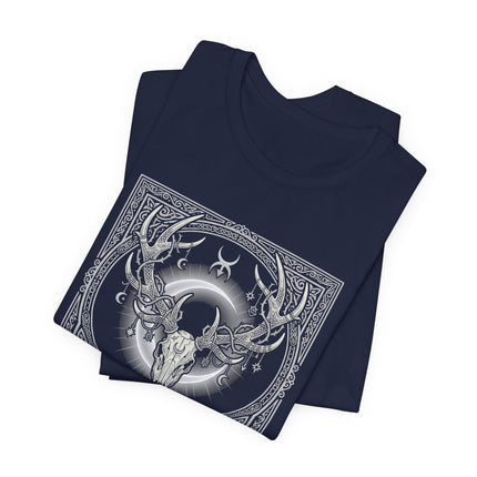 Celtic Stag Skull Art T-Shirt - Tribal Antler Crown with Moon Design