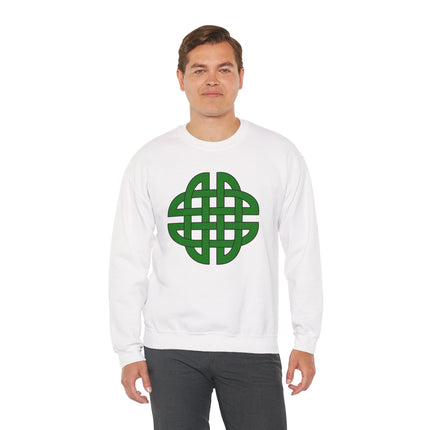 Green Celtic knotwork shield graphic on a white unisex sweatshirt.