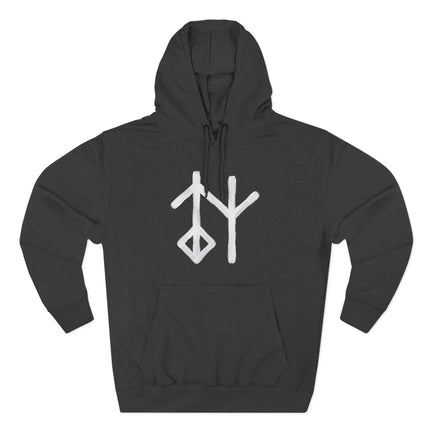 Black hoodie featuring three white Norse runes (Galdrastafir) symbols.