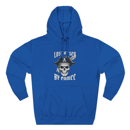 Blue pirate skull hoodie with "Lost at Sea By Choice" nautical graphic.