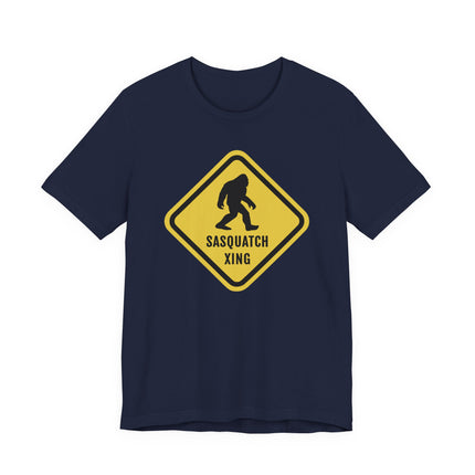 Sasquatch Xing caution sign graphic tee featuring a Bigfoot silhouette.