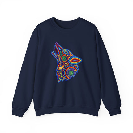 Colorful tribal wolf graphic on a navy sweatshirt, inspired by Mexican Huichol folk art.