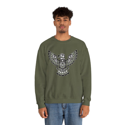 Indigenous tribal eagle art sweatshirt with Pacific Northwest formline design.