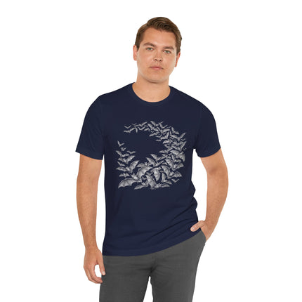 Navy t-shirt featuring a detailed graphic of a mystical bat swarm.