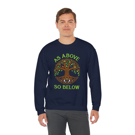 As Above So Below Tree of Life graphic on a navy spiritual sweatshirt.