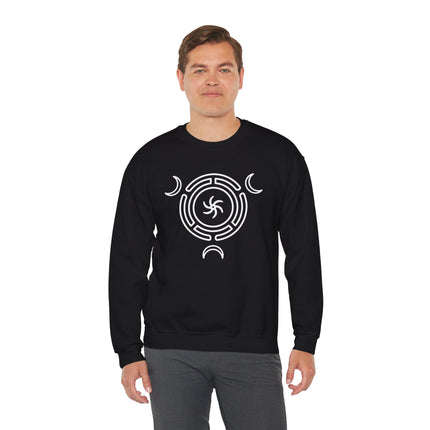 Hecate's Wheel Triple Goddess Moon symbol on a black pagan witchcraft sweatshirt.