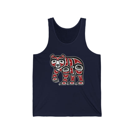 Indigenous formline art bear graphic on a navy tank top. Northwest Coast tribal style.