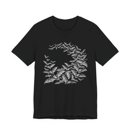 Gothic bat swarm graphic tee on black fabric, featuring a detailed circular arrangement of flying bats.