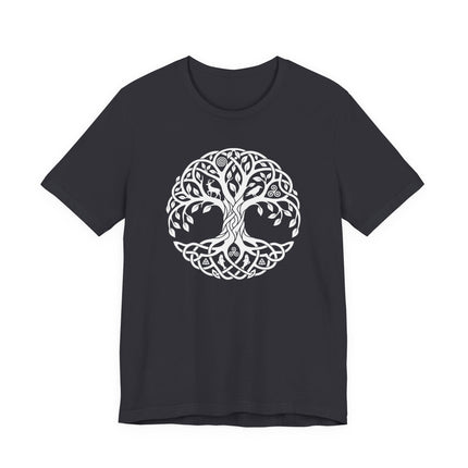 Intricate Celtic Tree of Life graphic on a black t-shirt, symbolizing Yggdrasil and the World Tree.