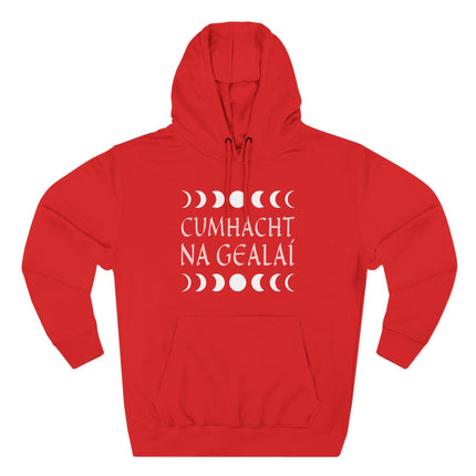 Red hoodie featuring Irish Gaelic "CUMHACHT NA GEALÁÍ" and celestial moon phases.