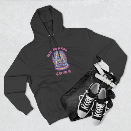 Psychedelic Lord Rama mantra hoodie featuring Om Ramaya Namah Hindu spiritual art.