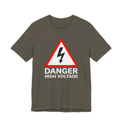 Danger High Voltage warning sign with lightning bolt graphic on a t-shirt.