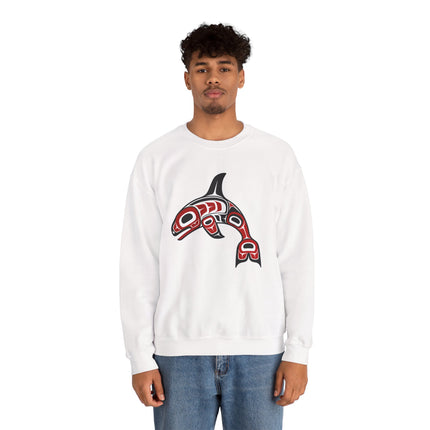 White sweatshirt featuring a stylized Pacific Northwest orca formline art design.