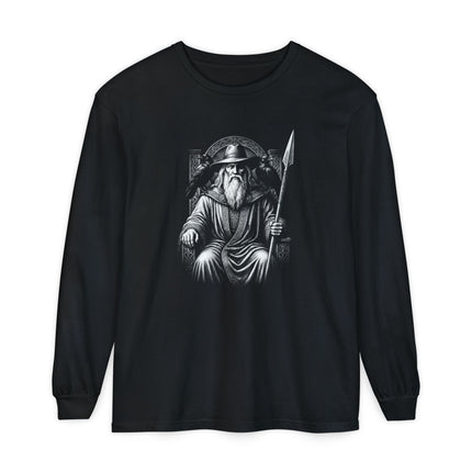 Odin Long Sleeve T-Shirt | Seated Norse God with Spear and Ravens Tee