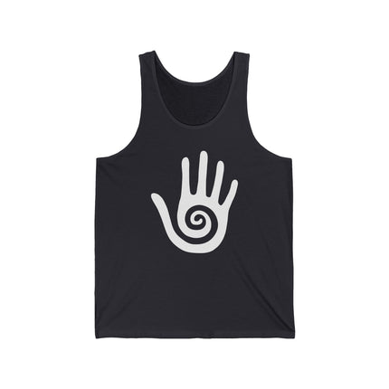 Hopi healing hand symbol with spiral graphic on black tank top.