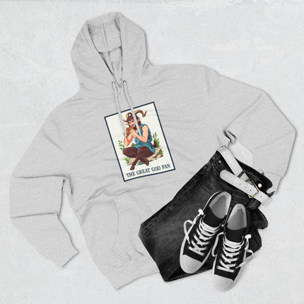 Great God Pan satyr graphic on a gray unisex hoodie featuring Greek mythology art.